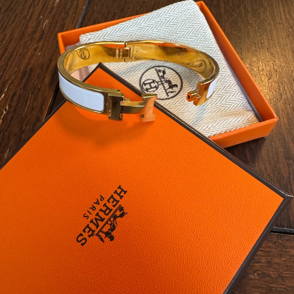 Hermès White and Gold Clic H Bracelet